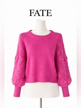 Fate. Bright 80’s Pink.  Balloon Sleeves.
Intricate open-knit detailing. Size L.